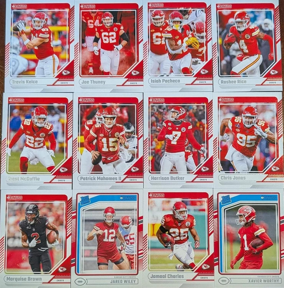 Kansas City Chiefs 2024 Donruss Factory Sealed Team Set Featuring Patrick Mahomes, Travis Kelce and Chris Jones with Xavier Worthy Rated Rookie Card Plus