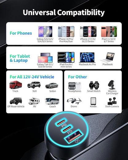 67W 3-Port Super Fast Type C Car Charger USB C for Samsung S26 S25 S24 S23
