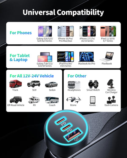 67W 3-Port Super Fast Type C Car Charger USB C for Samsung S26 S25 S24 S23