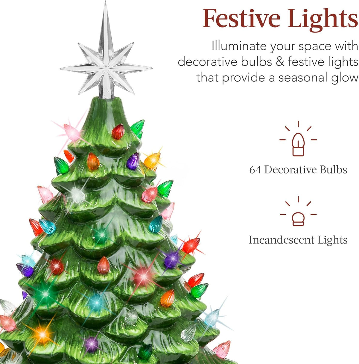 Best Choice Products 15in Ceramic Christmas Tree, Pre-lit Hand-Painted Tabletop Holiday Tree, Star Topper, 64 Lights - Green w/Multicolored Bulbs