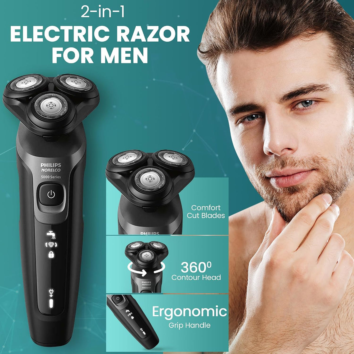 Philips Electric Shavers for Men, Rechargeable AquaTouch Mens Electric Shaver Wet and Dry with Comfort Cut Blades and Click-on Precision Trimmer, Cordless Electric Razors with 5D Flex Head