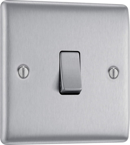 BG Electrical Single Wall Light Switch, 2 Way, Raised and Slim Profile, Round Edges, Nexus Metal, Brushed Steel, 20A, 16AX, NBS12