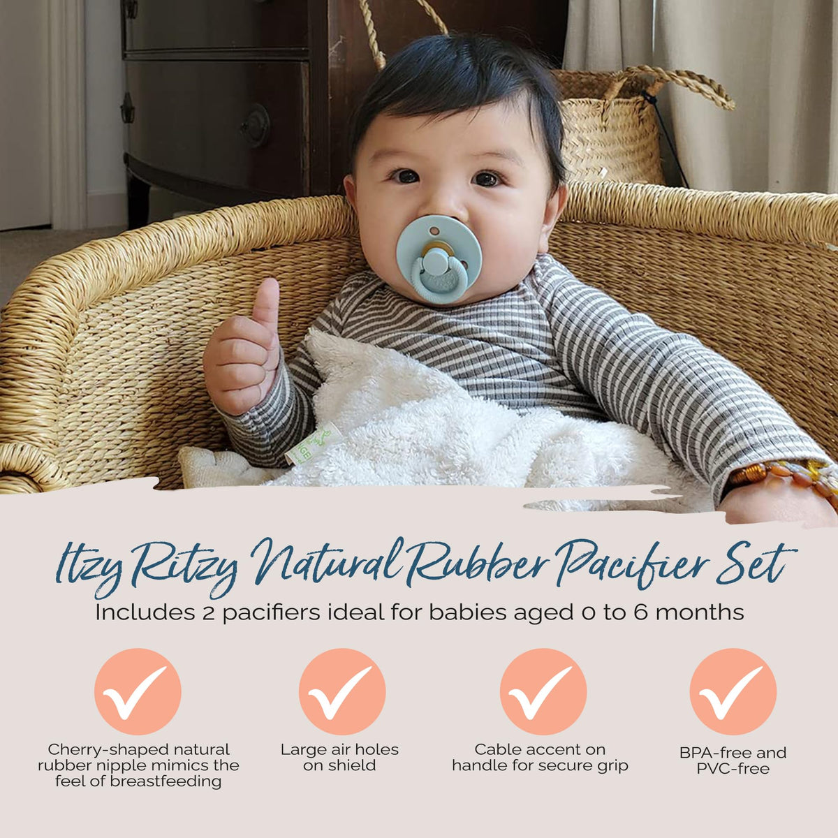 Itzy Ritzy Natural Rubber Pacifiers for 0–6 Mos, Set of 2, Blossom/Rosewood