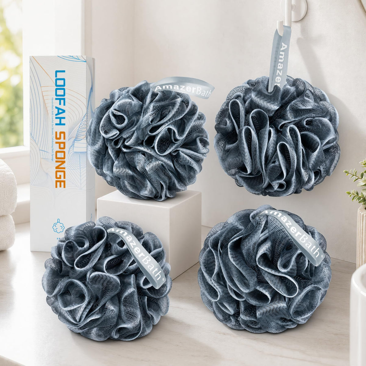 AmazerBath Loofah Sponge 75g/Piece, Exfoliating Bath Sponge Body Scrubber - Loofa Set of 4 Flower Color (Large, Green-Purple)