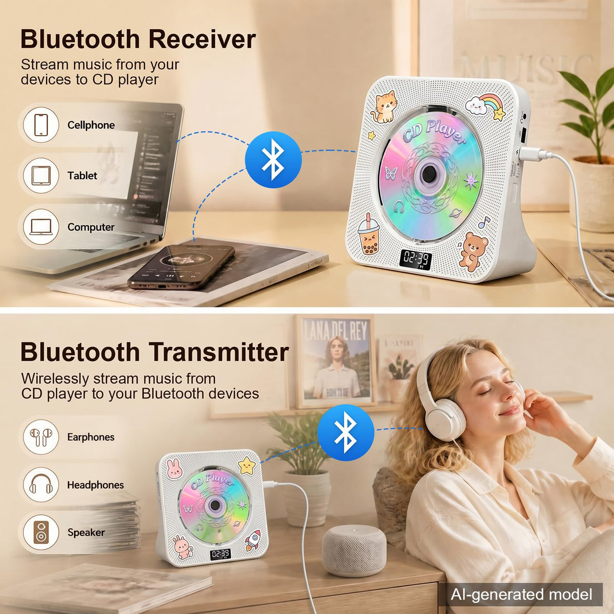 Gueray CD Player Portable Bluetooth Desktop CD Player for Home (Black)
