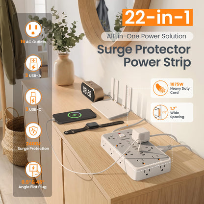 6 FT Surge Protector Power Strip with 6 USB, 16 Outlets, 2400J