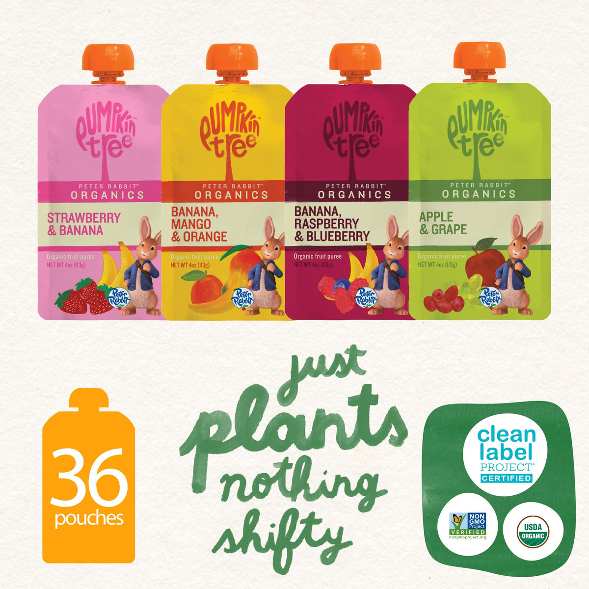 Pumpkin Tree Peter Rabbit Organics, Banana, Mango, and Kale, 4 Squeeze Pouch, Mango, Broccoli & Kale, 4.4 Ounce (Pack of 10)