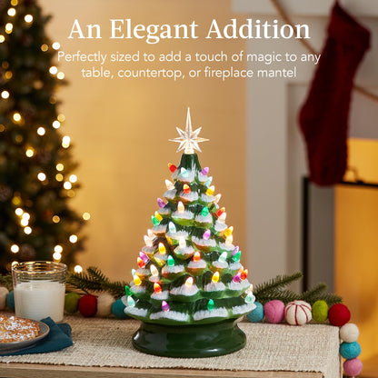 Best Choice Products 15in Ceramic Christmas Tree, Pre-lit Hand-Painted Tabletop Holiday Tree, Star Topper, 64 Lights - Green w/Multicolored Bulbs