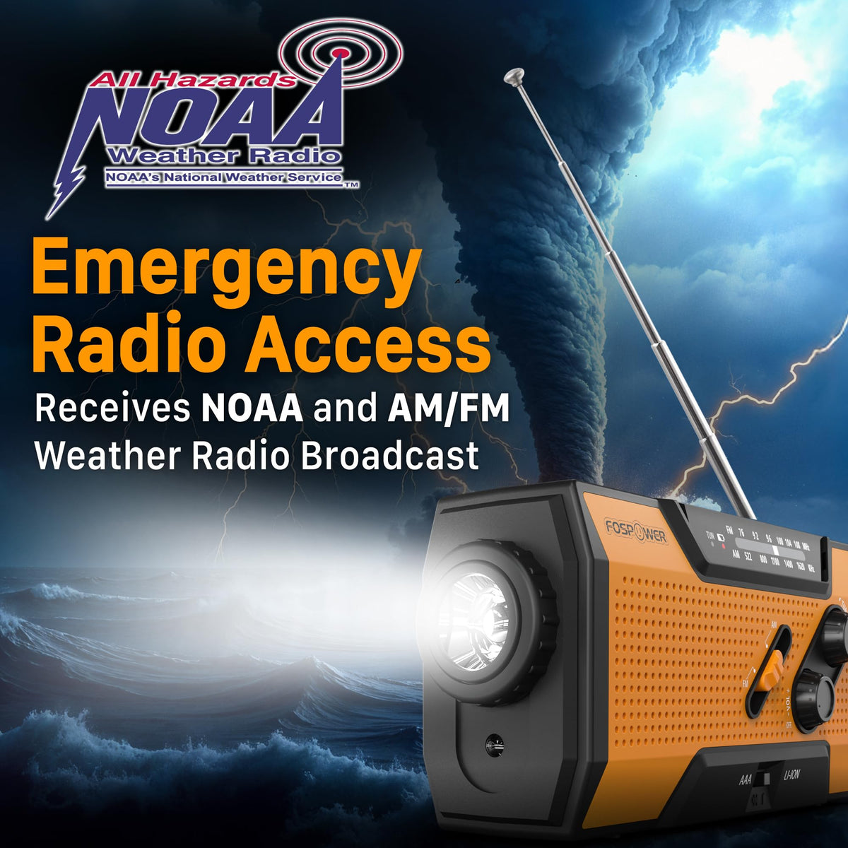 FosPower NOAA Emergency Weather Radio D8 37000mWh Portable Power Bank, AM/FM, USB/Solar/Hand Crank Charging, SOS Alarm & Flashlight for Indoor/Outdoor Emergency - Orange