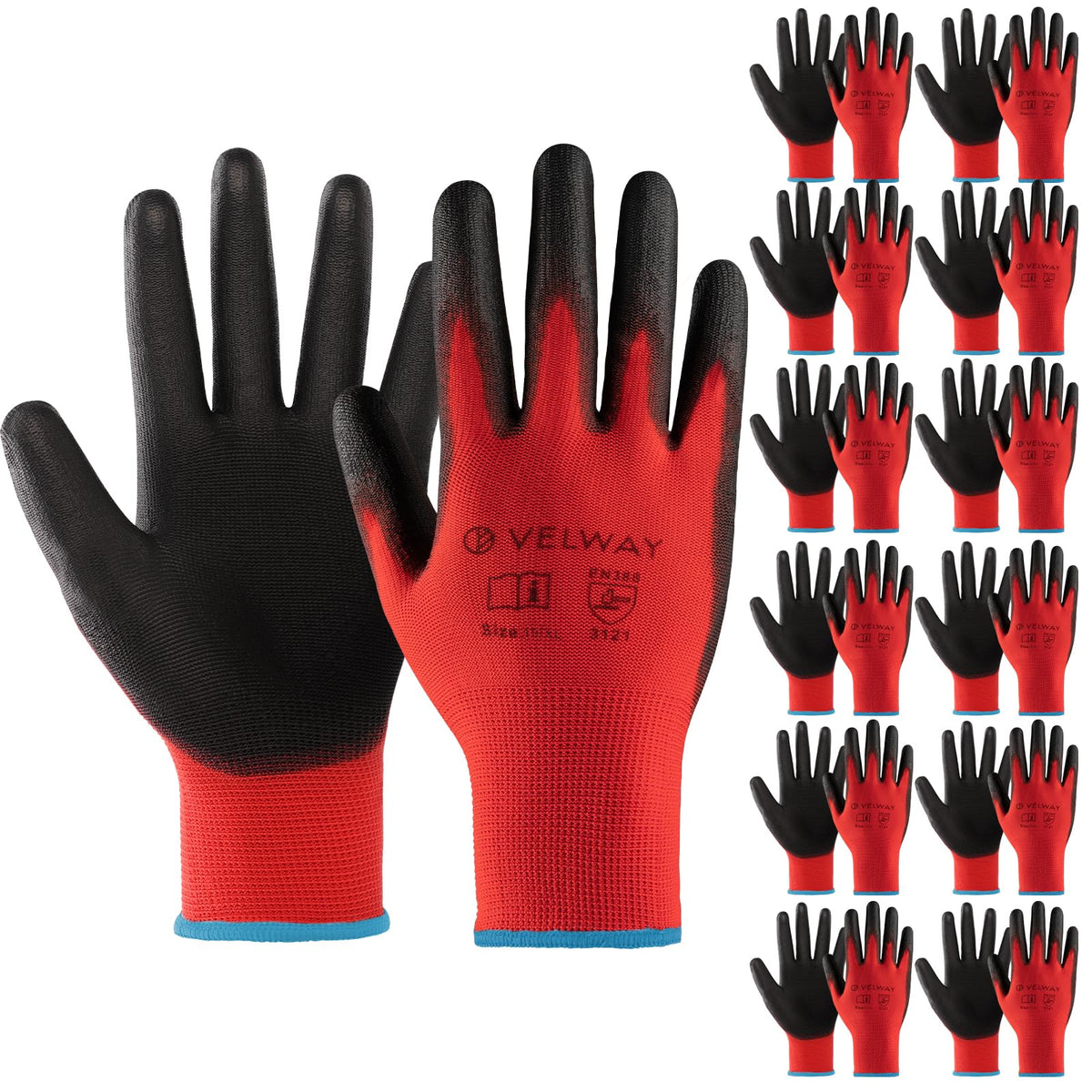 Velway 12 Pairs Work Gloves PU Coated for Men Women, Red, Size 9/L