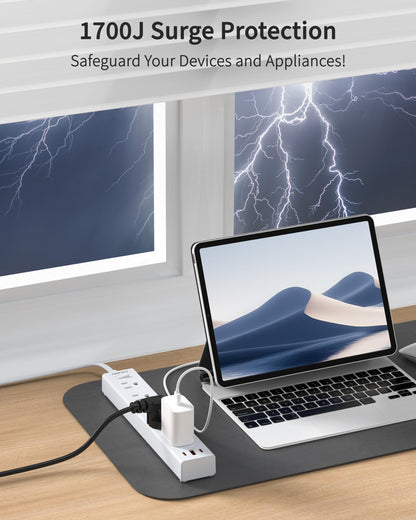 5 Outlets 2 Prong Power Strip with 3USB, 6FT Extension Cord for Old House