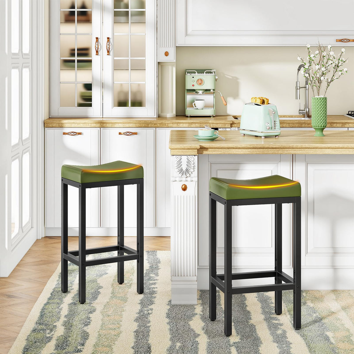 HOOBRO Bar Stools, Set of 2 Bar Chairs, Counter Height Stools, Saddle Barstools with Curved Surface, 24.8 Inches, 2.4" Thick Upholstery, for Kitchen, Dining Room, Cafe Black BB10BY01
