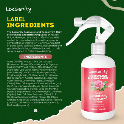 Loc Spray - Locsanity Daily Moisturizing Rosewater & Peppermint Spray for Locs, Dreadlocks - Lightweight Frizz Control Hair & Scalp Moisturizer - Natural Loc Care (8 fl oz)