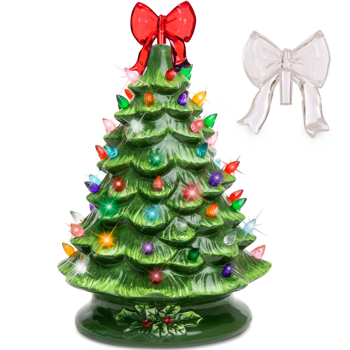 Best Choice Products 15in Ceramic Christmas Tree, Pre-lit Hand-Painted Tabletop Holiday Tree, Star Topper, 64 Lights - Green w/Multicolored Bulbs