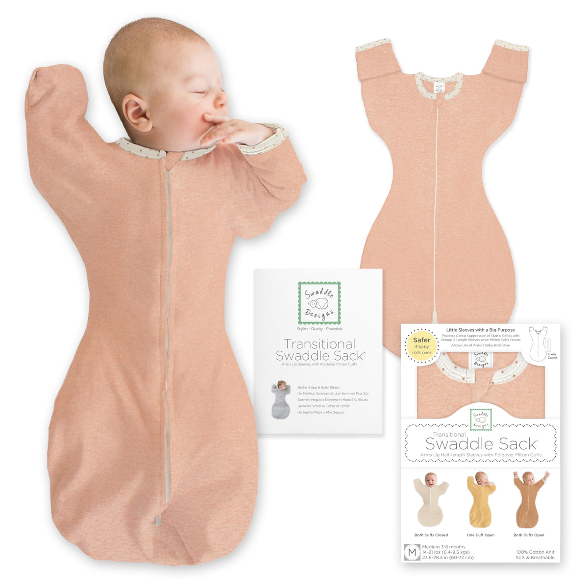 SwaddleDesigns Transitional Swaddle Sack, Cotton, Heathered Gray, 6-9mo