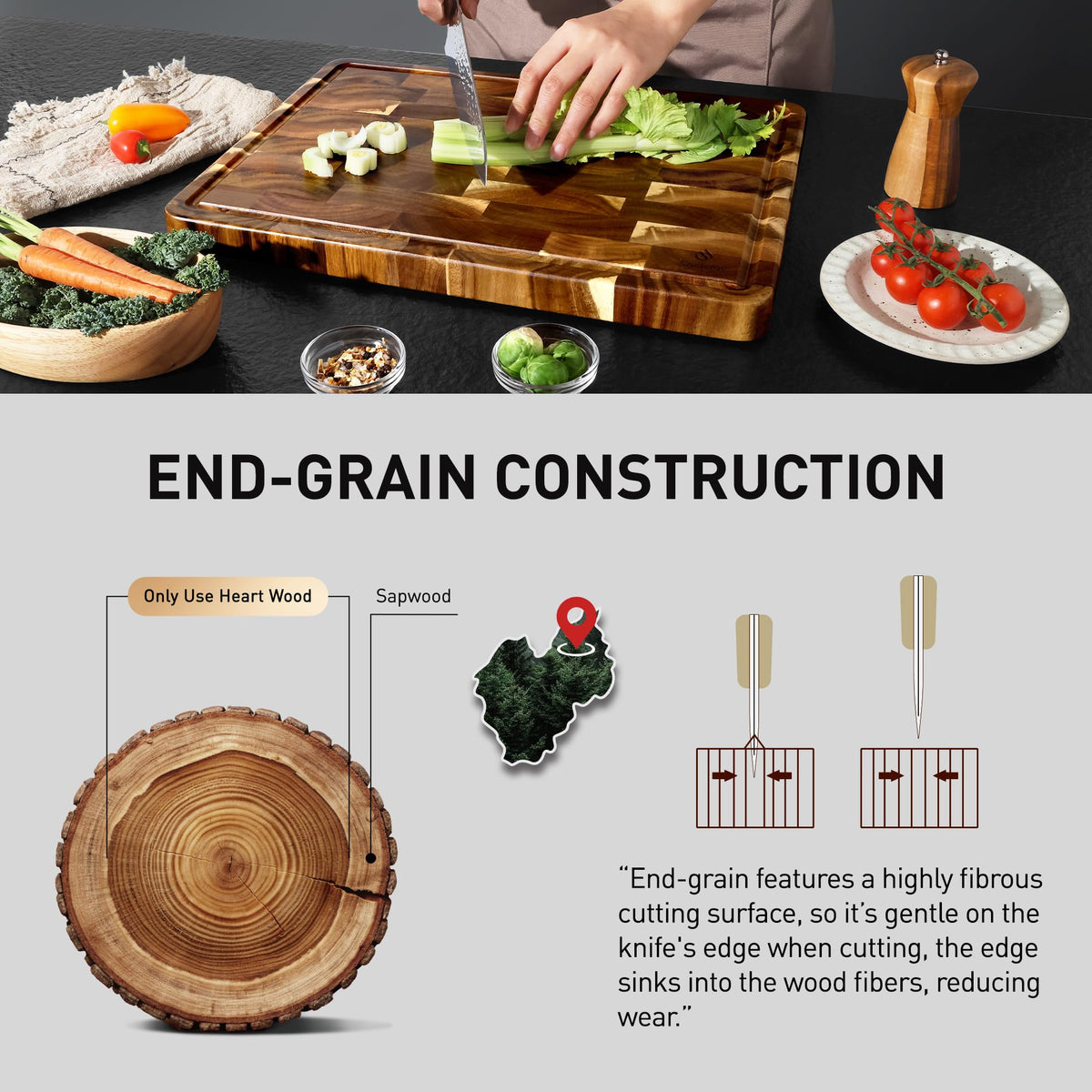 End Grain Cutting Board for Kitchen with Non-slip Feet, Acacia Wood
