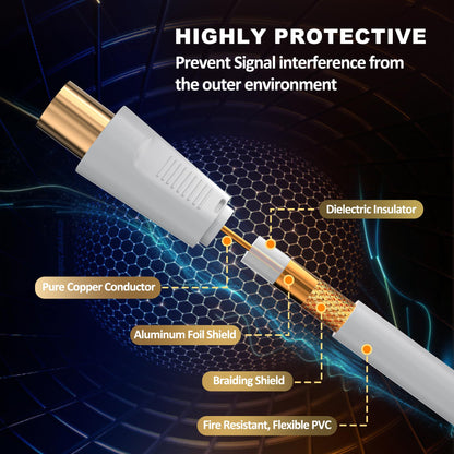 TV Aerial Cable 0.5m, 75 Ohm Coaxial Lead, IEC 9.5mm Male to Male 3C2V Pure Copper Dual Shielded, Right-Angle Connector, Female to Female Adaptor Included, Black