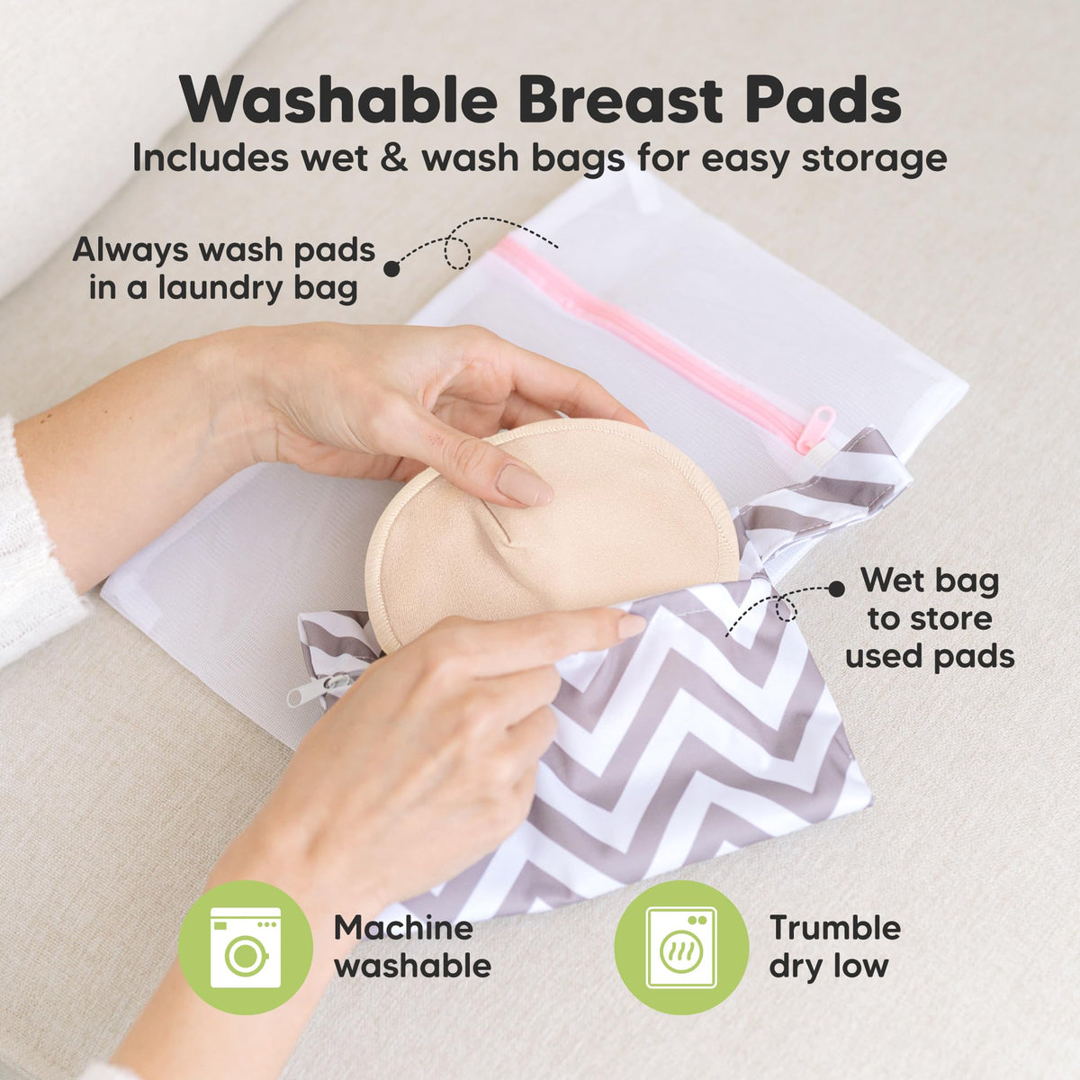 Organic Nursing Pads, 14 Washable Breast Pads,Wash Bag (Neutrals, XL 5.6")