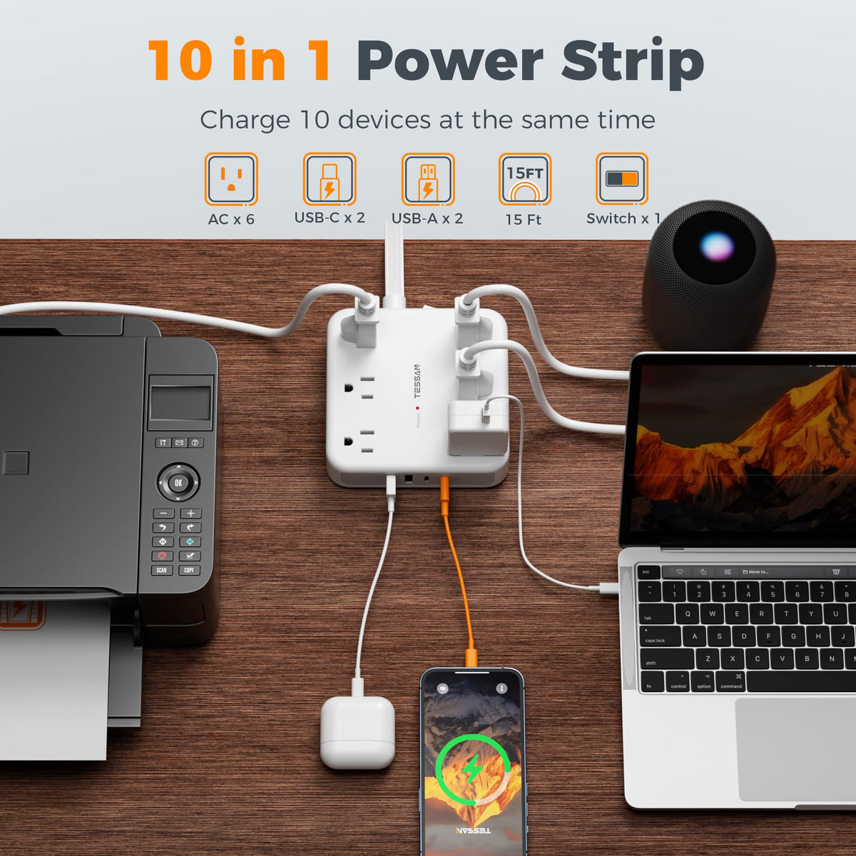 TESSAN Surge Protector Power Strip, 5Ft Flat Plug Extension Cord, White