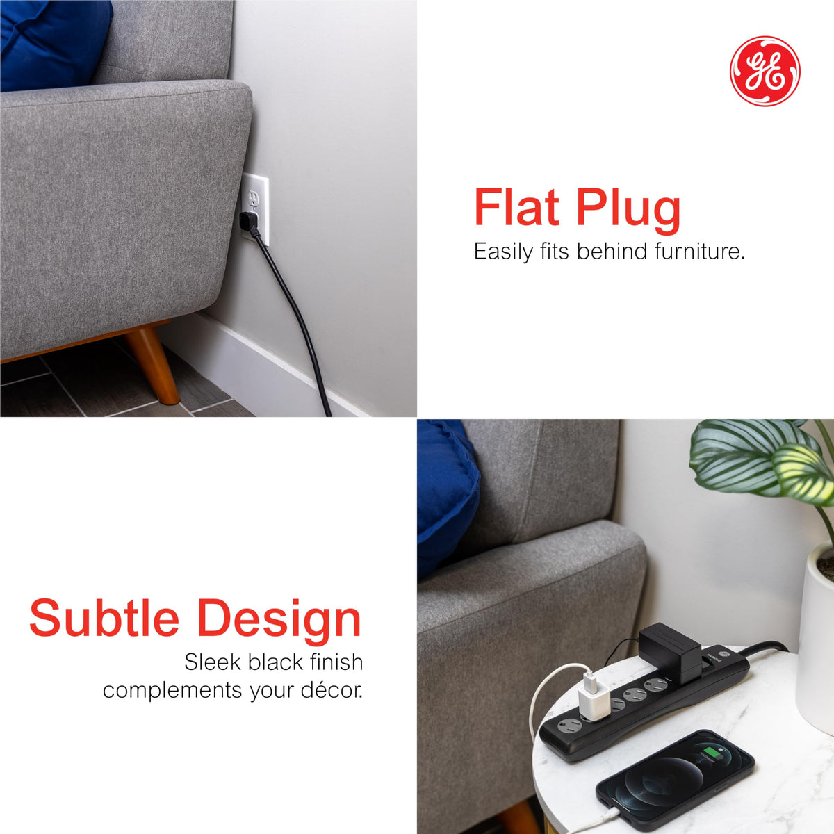 GE Surge Protector Power Strip, 2 Pack, 6 Ft Extension Cord