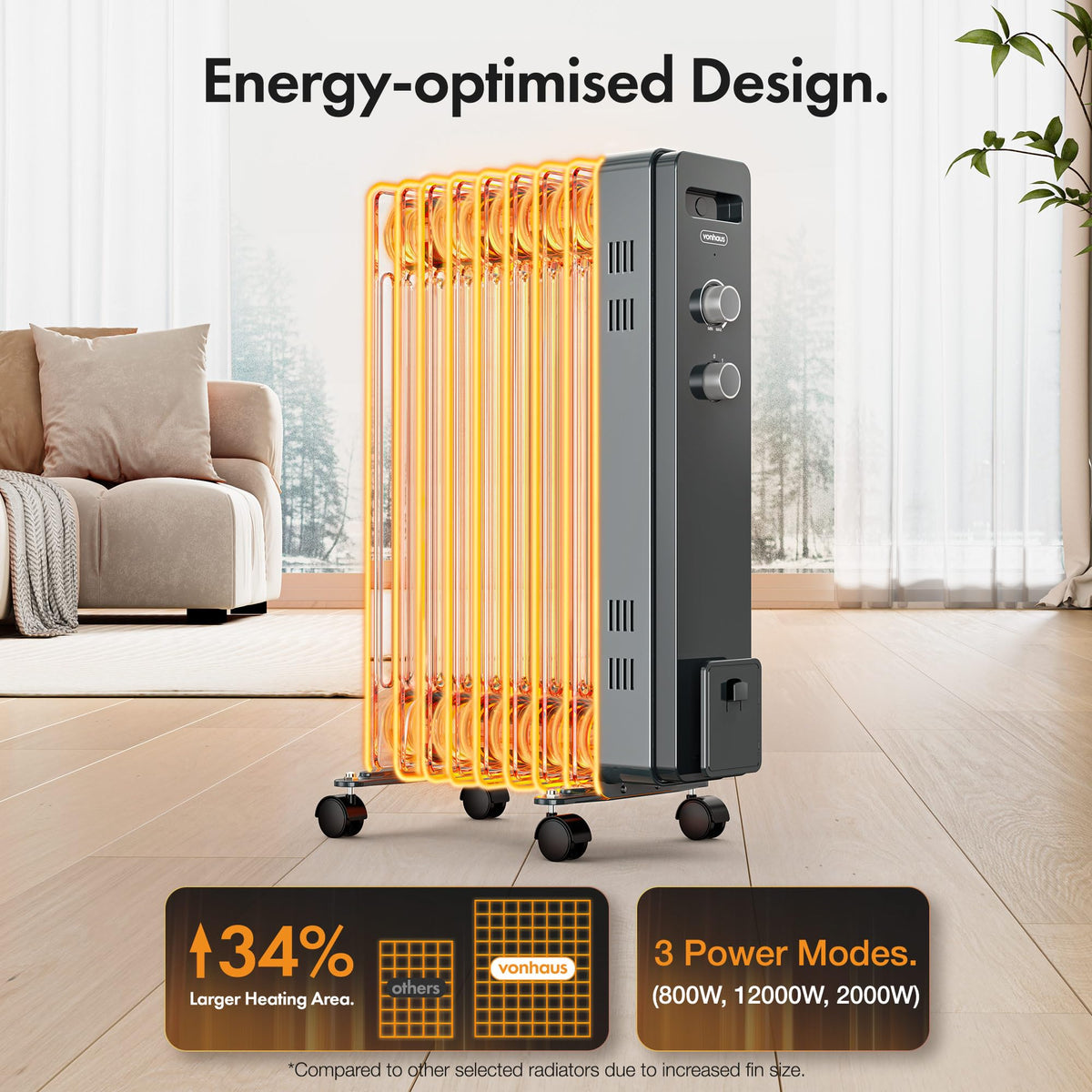 VonHaus Oil Filled Radiator 11 Fins – 2500W, 3 Heat Settings, 24 Hour Timer