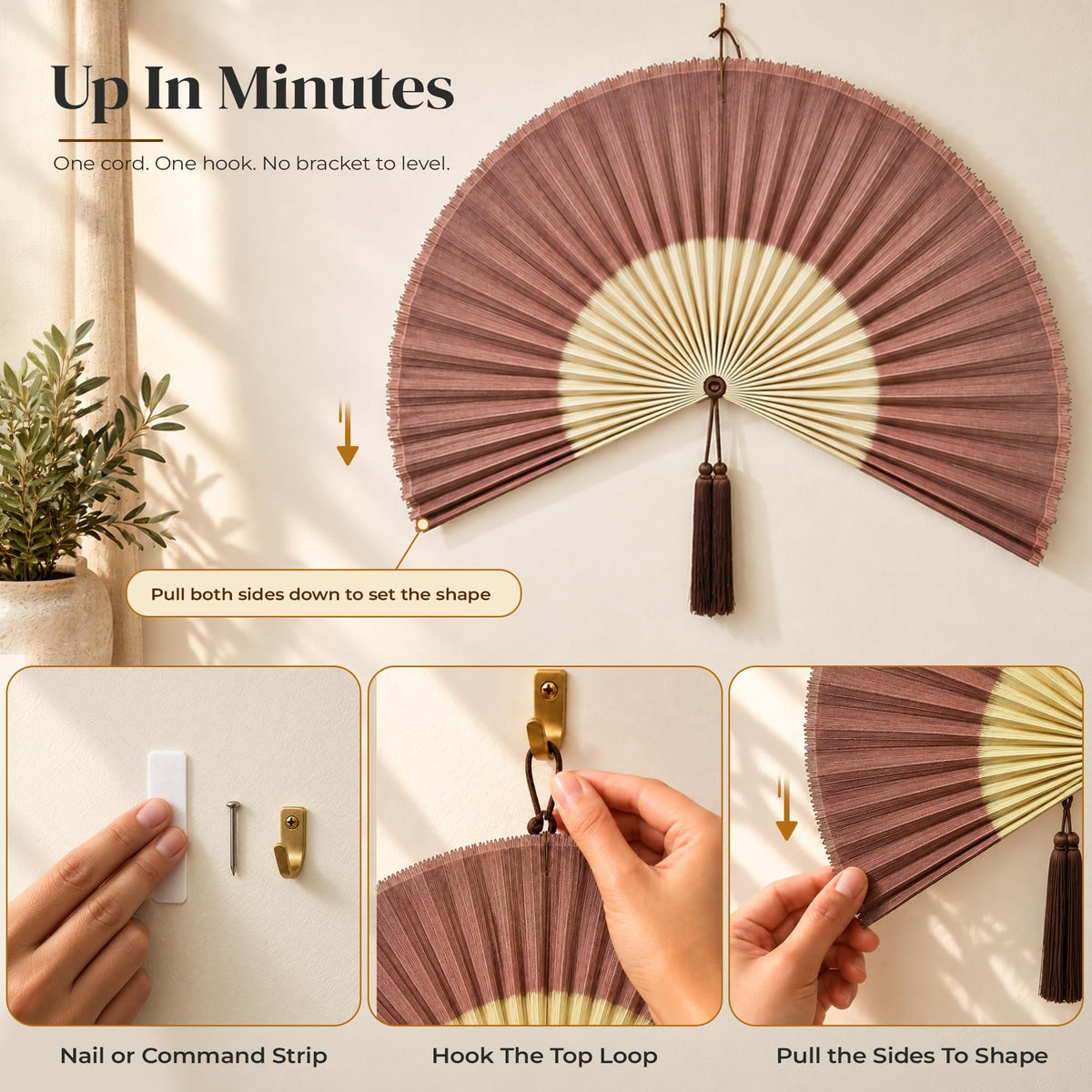 ChumDecor Bamboo Fan Wall Decor, Japanese Wall Fan, Red Brown 40 in