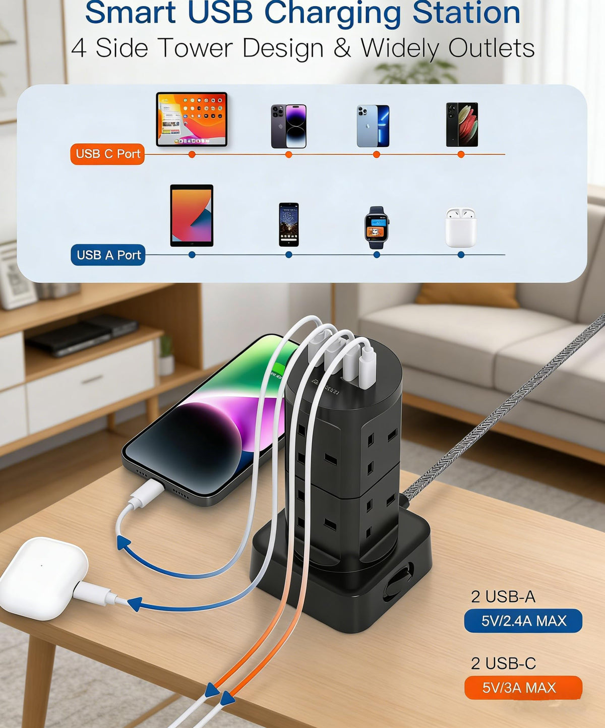 Tower Extension Lead with USB Slots, 8 Way Multi Plug Extension Tower &4USB