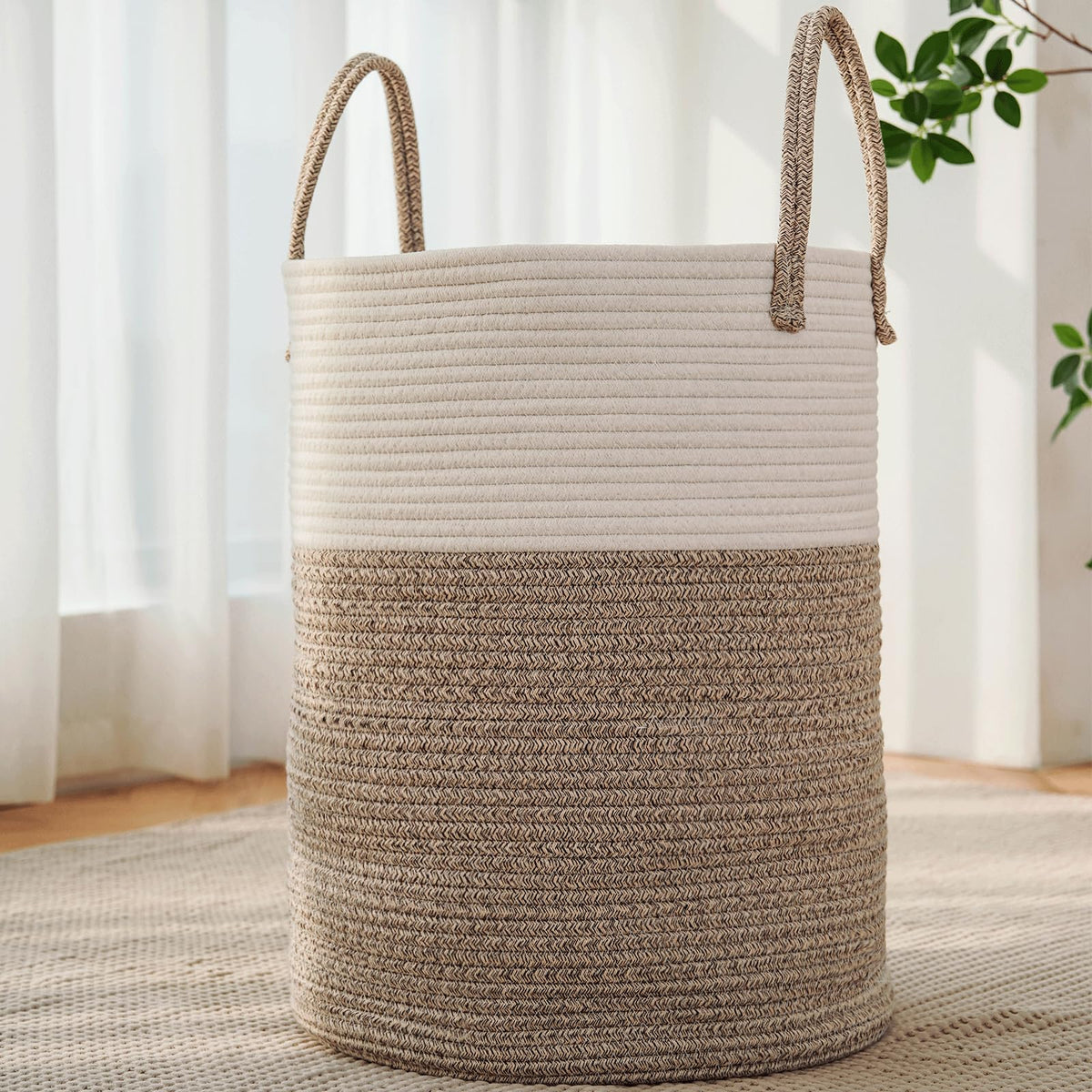 JMvicyroam 80L Nursery Hamper, Cotton Rope Laundry Basket, Brown&Black