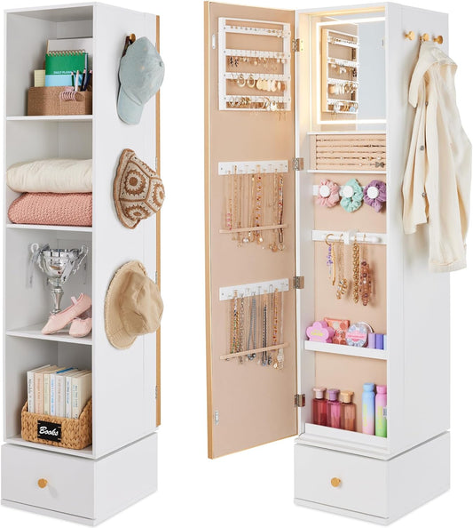 Best Choice Products Rotating Mirror w/Storage Cabinet, 360 Swivel Jewelry Armoire w/Full-Length Mirror, Gold Metal Frame Tower w/Cube Shelves, Built-In Jewelry Organizer & Hook - Gold