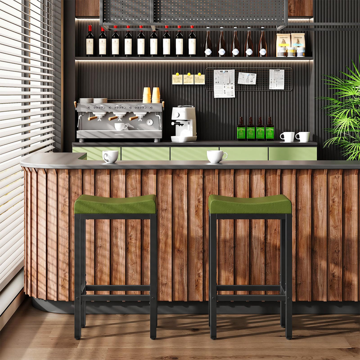 HOOBRO Bar Stools, Set of 2 Bar Chairs, Counter Height Stools, Saddle Barstools with Curved Surface, 24.8 Inches, 2.4" Thick Upholstery, for Kitchen, Dining Room, Cafe Black BB10BY01