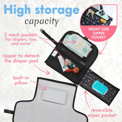 Kopi Baby Portable Diaper Changing Pad, Wipes Pocket, Classic Black Arrows