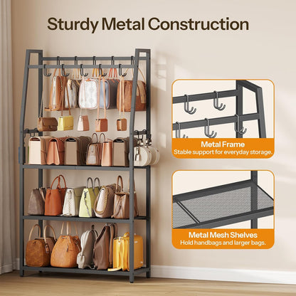 HOOBRO 3-Tier Purse Organizer for Closet, Purse Rack Stand with 14 Hooks
