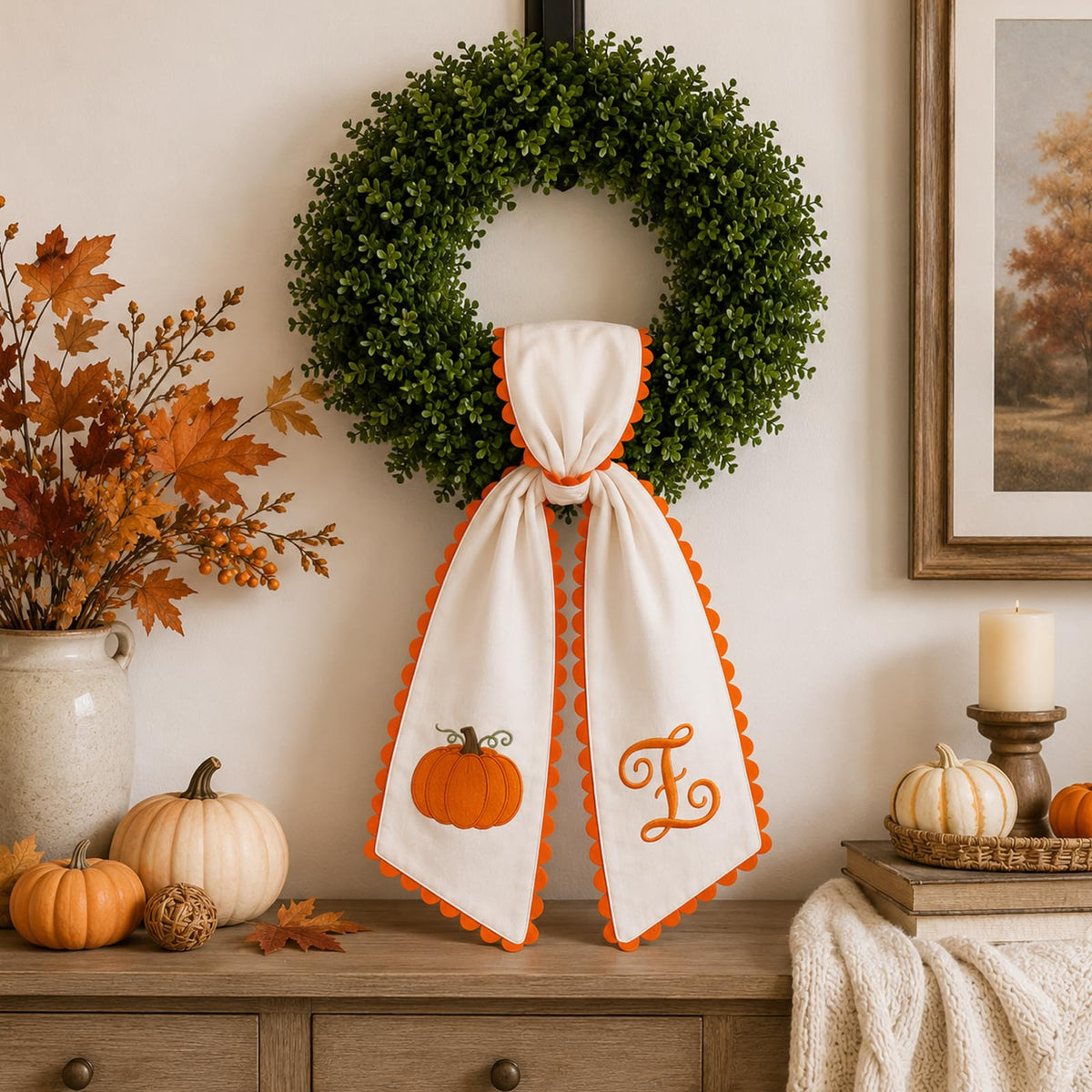 Halloween Pumpkin Wreath Sash Fall Front Door Orange Bow Decor (Y)