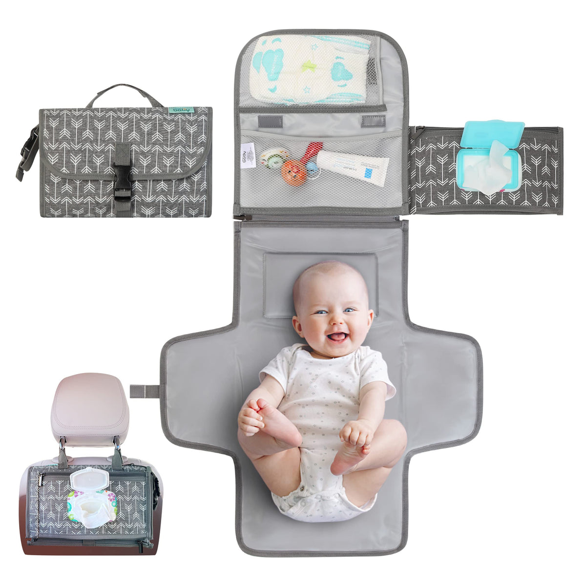 Kopi Baby Portable Diaper Changing Pad, Wipes Pocket, Classic Black Arrows