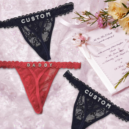 2-Pack Personalized Thongs with Names, Custom Lace Underwear Panties with Rhinestone Shiny Letter Name for Women & Girlfriend Birthday Gift/Valentine's Day Gift Black