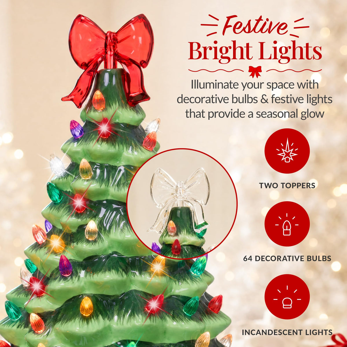 Best Choice Products 15in Ceramic Christmas Tree, Pre-lit Hand-Painted Tabletop Holiday Tree, Star Topper, 64 Lights - Green w/Multicolored Bulbs