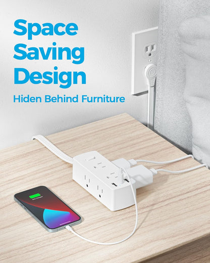 Flat Plug Power Strip with 10 FT Extension Cord, 6 Outlets 3 USB Ports(1 USB C), 3 Sided Outlet Extender for Home Office Travel Dorm Room Essentials, White