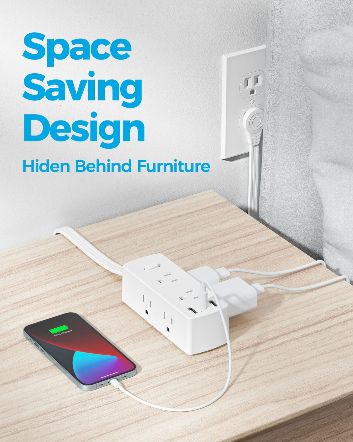 Flat Plug Power Strip with 10 FT Extension Cord, 6 Outlets 3 USB Ports(1 USB C), 3 Sided Outlet Extender for Home Office Travel Dorm Room Essentials, White