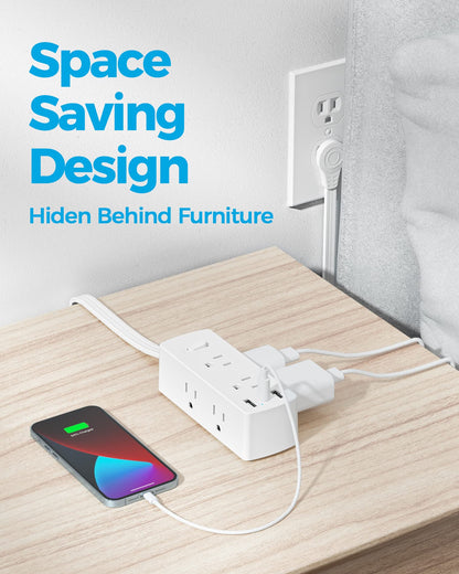 Flat Plug Power Strip with 10 FT Extension Cord, 6 Outlets 3 USB Ports(1 USB C), 3 Sided Outlet Extender for Home Office Travel Dorm Room Essentials, White