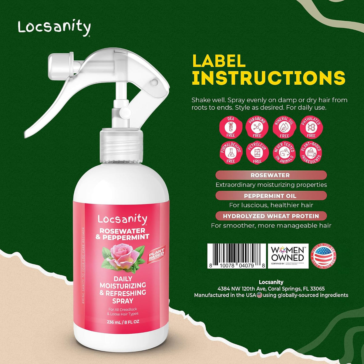 Loc Spray - Locsanity Daily Moisturizing Rosewater & Peppermint Spray for Locs, Dreadlocks - Lightweight Frizz Control Hair & Scalp Moisturizer - Natural Loc Care (8 fl oz)