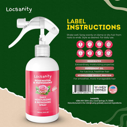 Loc Spray - Locsanity Daily Moisturizing Rosewater & Peppermint Spray for Locs, Dreadlocks - Lightweight Frizz Control Hair & Scalp Moisturizer - Natural Loc Care (8 fl oz)