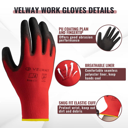 Velway 12 Pairs Work Gloves PU Coated for Men Women, Red, Size 9/L