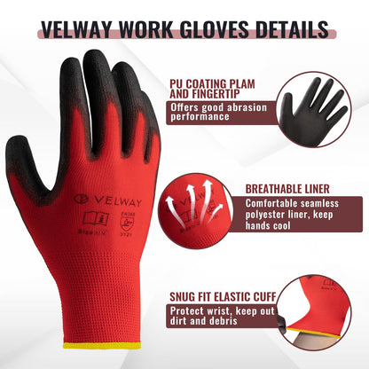 Velway 12 Pairs Work Gloves PU Coated for Men Women, Red, Size 9/L