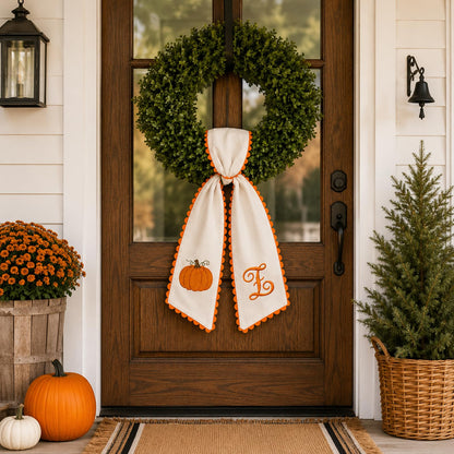 Halloween Pumpkin Wreath Sash Fall Front Door Orange Bow Decor (Y)