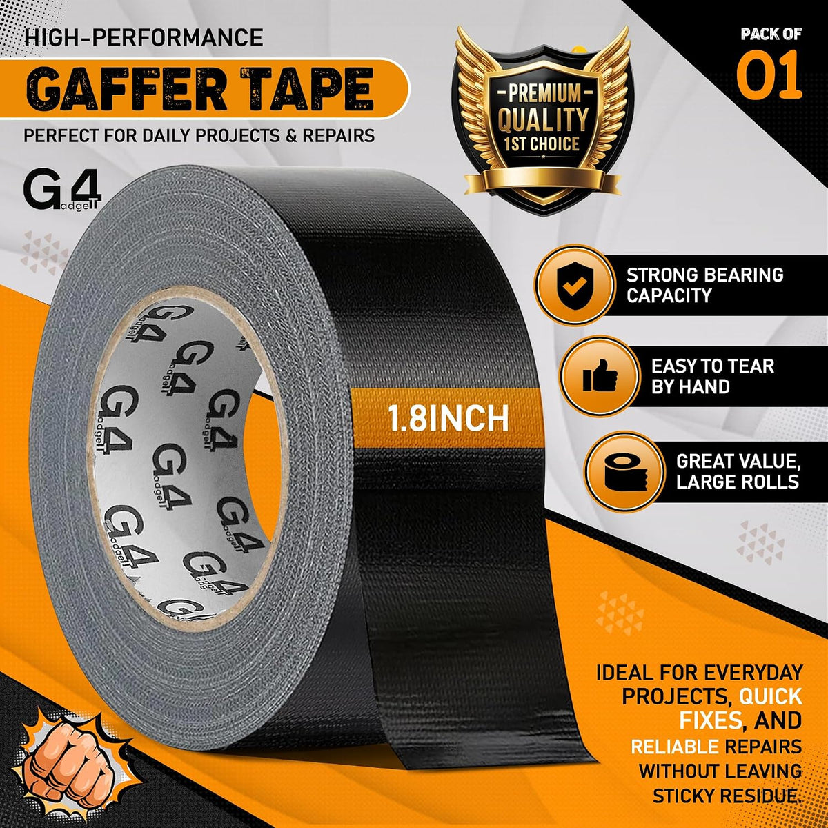 G4GADGET Gaffer Tape Black - 48mm x 45m (1 Roll) - Heavy Duty Duct Tape, Waterproof Adhesive Cloth Tape, Tear-Resistant and Multi-Purpose for Indoor Outdoor Use