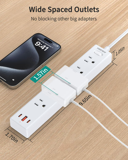 5 Outlets 2 Prong Power Strip with 3USB, 6FT Extension Cord for Old House