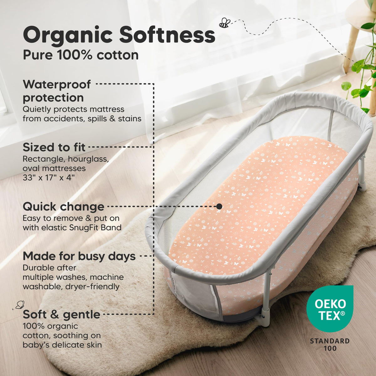 2pk Organic Baby Bassinet Sheets Boys, Girls, Fitted Sheet (Soft White)