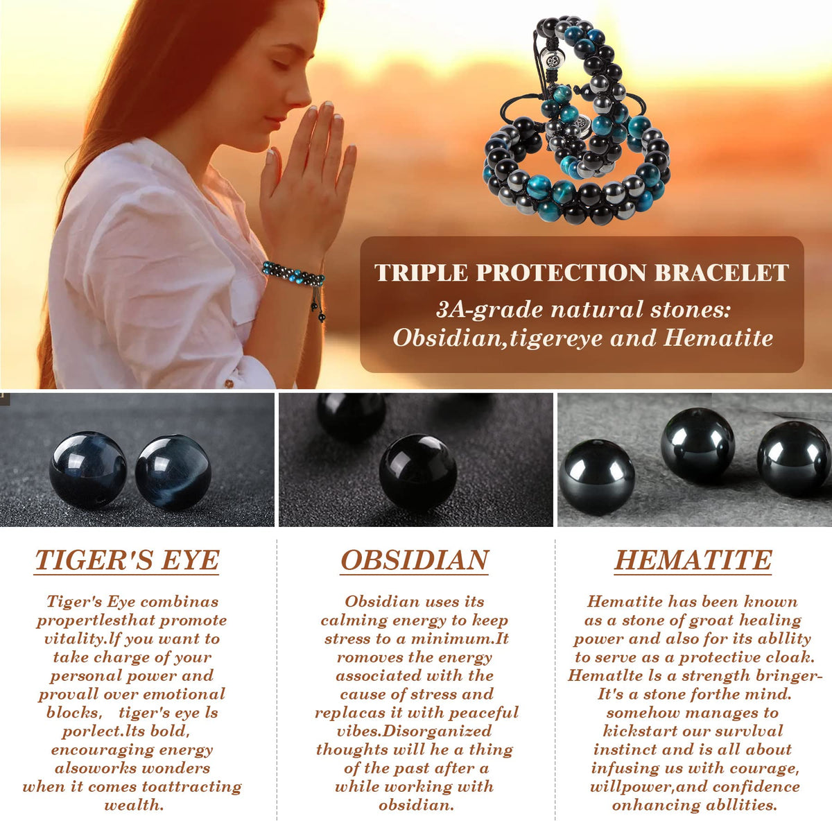 Triple Protection Bracelet - for Protect & Balance - Energy Crystal Handmade Bracelets for Men Women