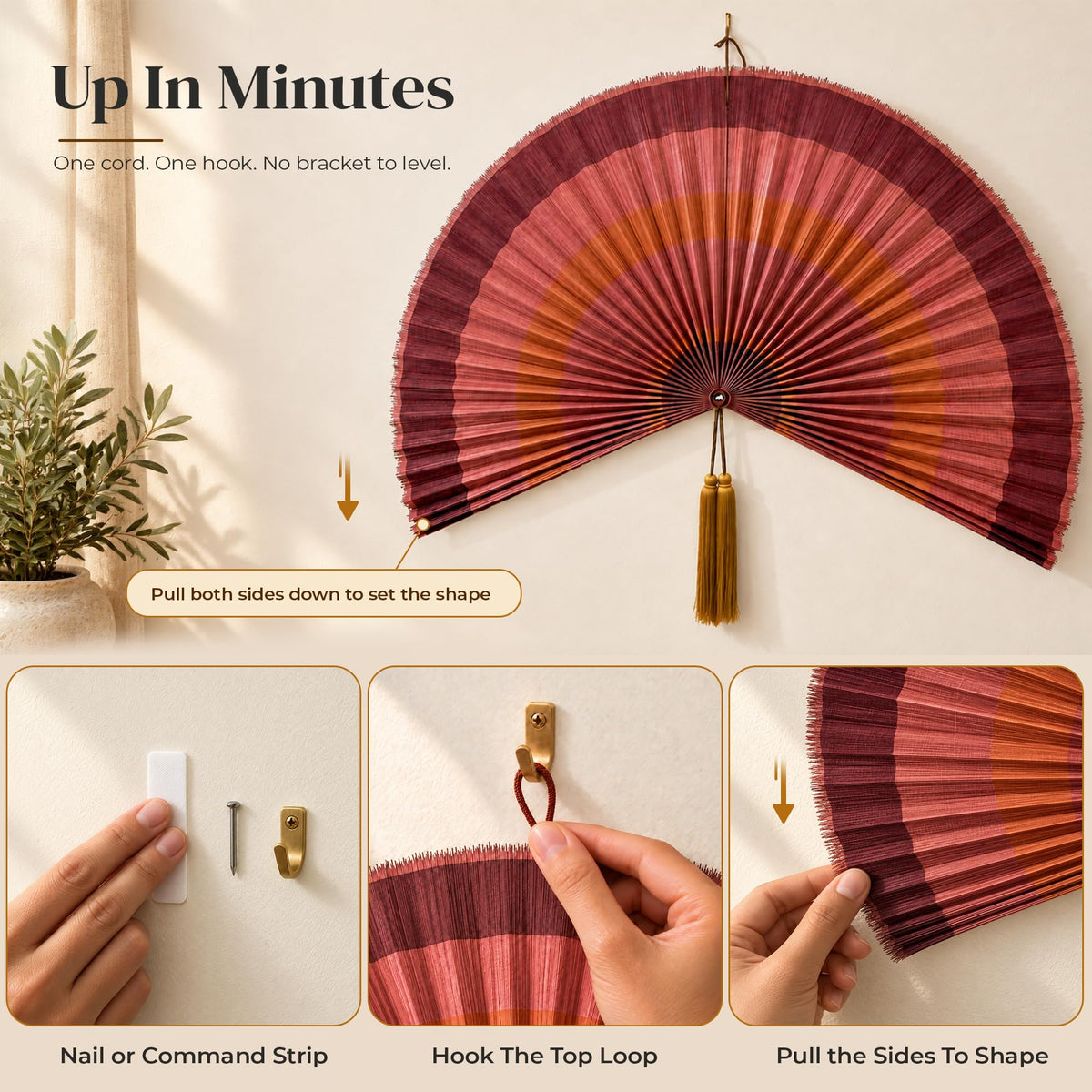 ChumDecor Bamboo Fan Wall Decor, Japanese Wall Fan, Red Brown 40 in