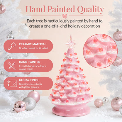 Best Choice Products 15in Ceramic Christmas Tree, Pre-lit Hand-Painted Tabletop Holiday Tree, Star Topper, 64 Lights - Green w/Multicolored Bulbs
